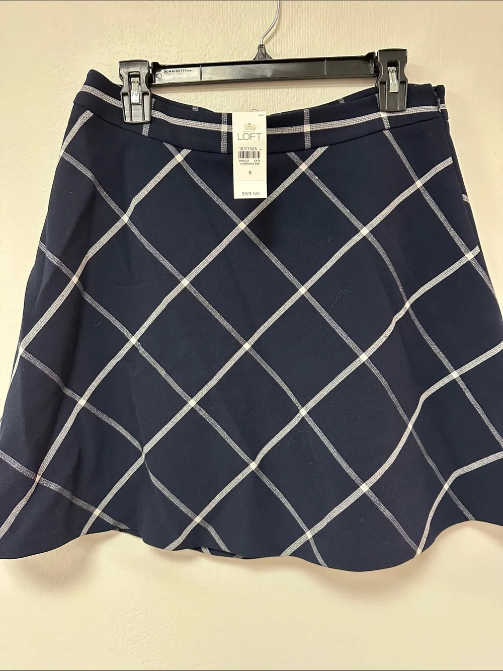 LOFT Navy Wool Lined Windowpane Skater Skirt